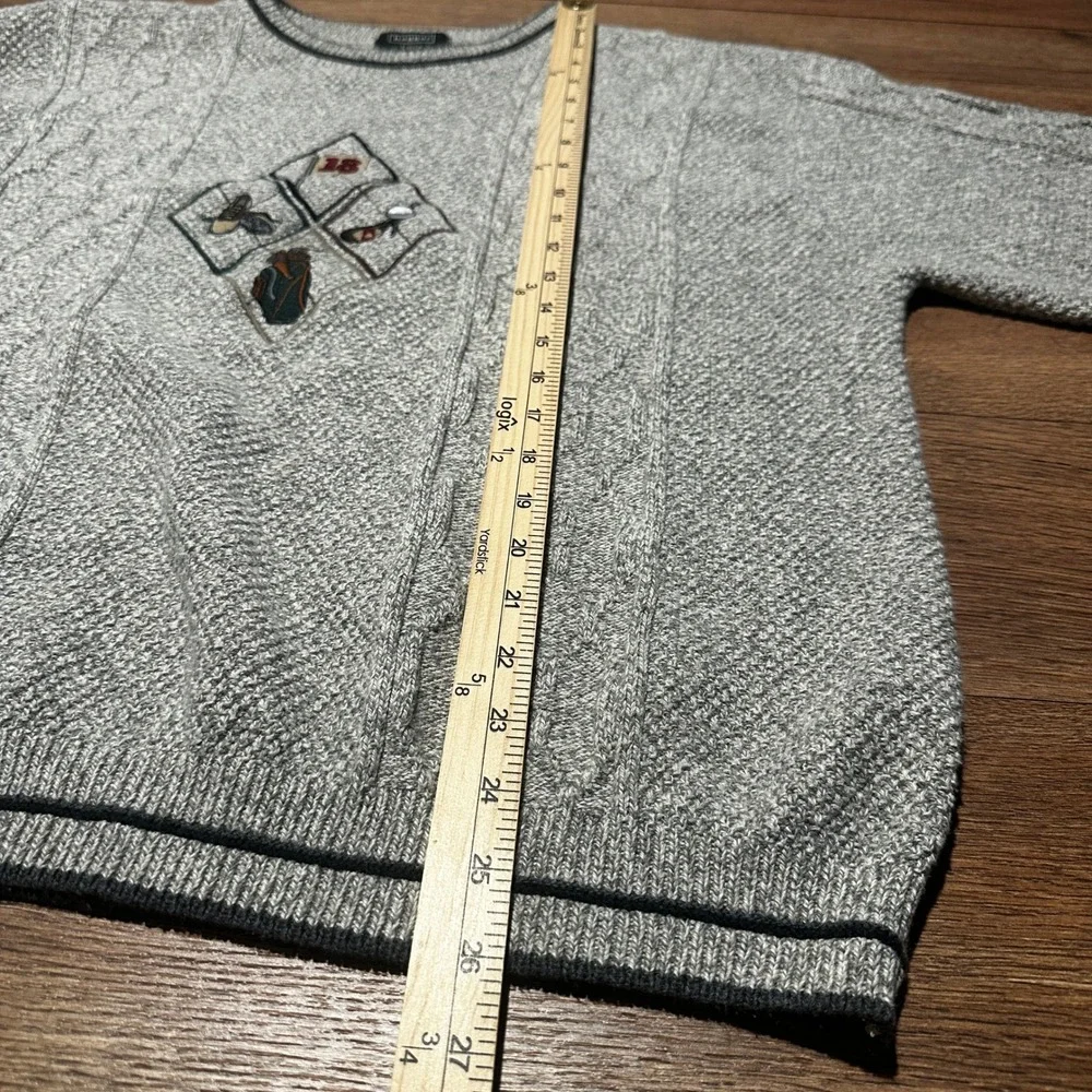 Vintage Haggar Grey Golf Embroidered Cable Knit Sweater Mens XL